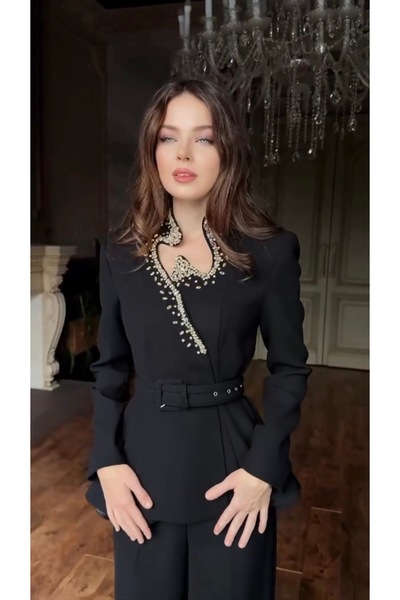 MODA Yeni sezon özel tasarım taş işlemli dabıl kumaş kemerli ceket pantolon i...