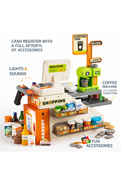 LEAN Casa de marcat magazin cafea cu accesorii, lumini si sunete, 70 piese