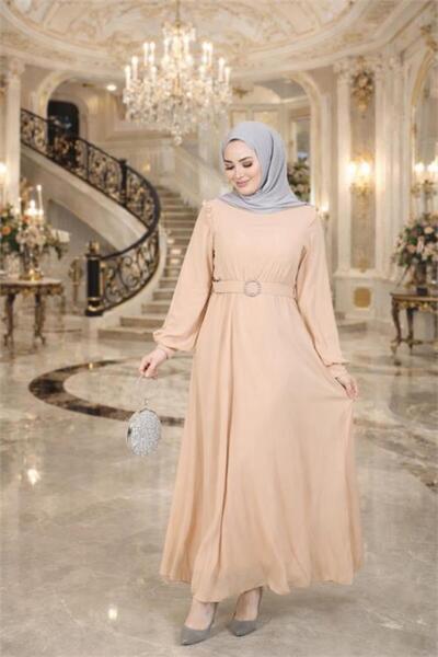 Dipmoda Women's Beige Tulle Fabric Belt Detail Plus Size Hijab Dress Dpft006