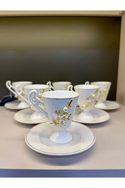 Vakıf home Kosova Marka 6 Kişilik Porselen Ayaklı İncili Gold Kahve Fincan Ta...