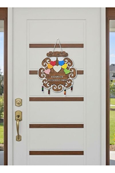 CosmAura Modern Tasarım Kalpli Ahşap Kapı Süsü (Evimize Hoşgeldiniz)