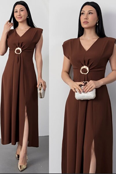 Safgiyim44 V-Neck Waist Buckled Slit Dress