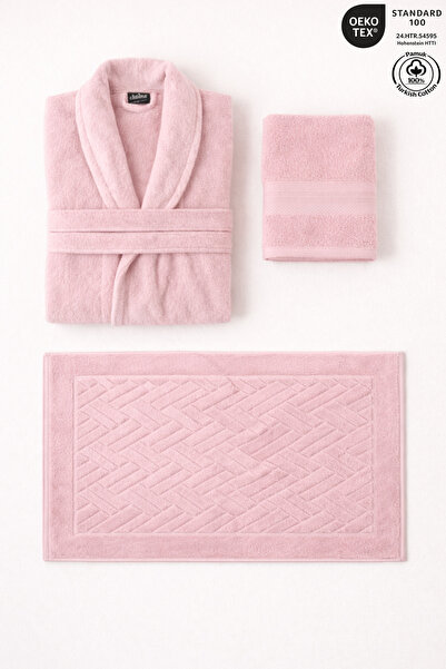 Ellaline 3-Piece Pink Bathrobe Set 100% Cotton Certified Bathrobe, Head and F...