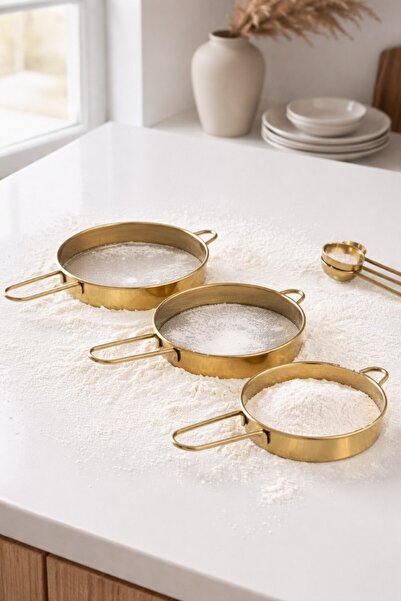 Emal Home مجموعة من 3 مناخل دقيق ذهبية اللون من الفولاذ المقاوم للصدأ ومصفاة ...