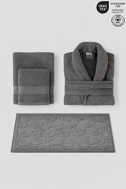 Ellaline 4-Piece Anthracite Bathrobe Set 100% Cotton Bathroom Set Bathrobe, T...