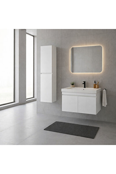 karbi mobilya Banyo lavabo takımı 80 CM Lavabolu, Beyaz Mdf, Işıklı Üst Aynal...