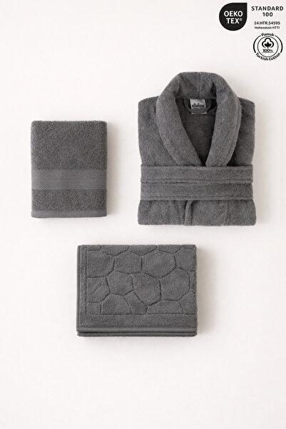 Ellaline 3-Piece Anthracite Bathrobe Set 100% Cotton Certified Bathrobe, Head...
