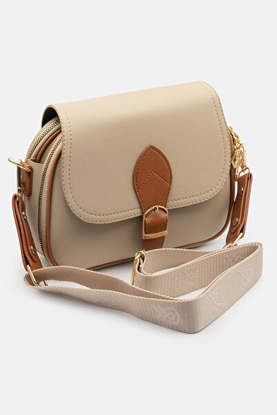 LikeMoon Μπεζ γυναικεία τσάντα χιαστί με δερμάτινη λεπτομέρεια σε καφέ απόχρω...