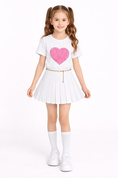 Nacar Kız Çocuk Kalp Detaylı Pileli Etek Takım 23 Nisan Gösteri Kıyafeti