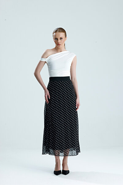 Madame QAN's Desenli Astarlı Piliseli Beli Lastikli Şifon Etek Pileli Pliseli