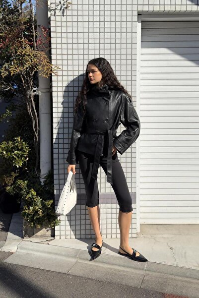 BELİZMOD Pb Double-Breasted Buttoned Black Women's Leather Jacket