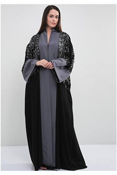 Bousni Stylish Front Open Embroidered Abaya with Grey Trimmings