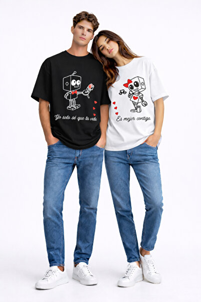 NEVERMIND Dear Couple Combination Robot Printed Pair T-Shirt Oversized Unisex...