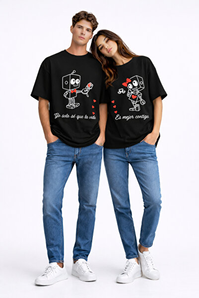 NEVERMIND Set de tricouri unisex pentru cupluri, cu imprimeu perechi, Robot s...