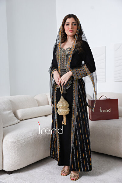 TREND جلابية تراثيه اسود مع طرحة راس