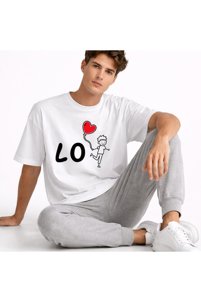 NEVERMIND Sevgili Kombini Love Baskılı Çift Tişört Oversize Unisex Partner Kombin Seti Beyaz