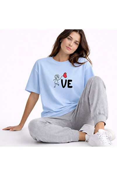 NEVERMIND Sevgili Kombini Love Baskılı Çift Tişört Oversize Unisex Partner Kombin Seti Bej