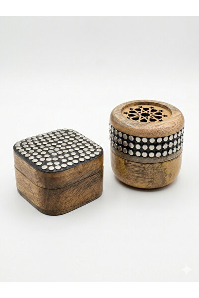 DUX طقم مبخرة بخور وعلبة تخزين عود مصنوعة يدوياً من الخشب مع مسامير معدنية مز...