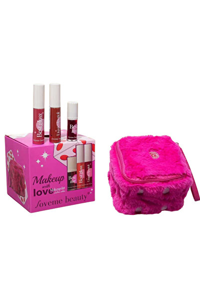 LOVEME BEAUTY مجموعة الشفاة : شنطة مكياج فرو فوشي مع تينت روج سائل وقلوس - بو...