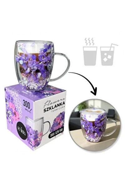 JollyMag Cana 300 ml din sticla borosilicata, pereti dubli, model flori mov