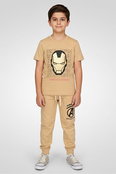 Marvel طقم تيشيرت وبنطال مطبوع عليه رسومات للأطفال الأولاد، قطعتان، لون بيج