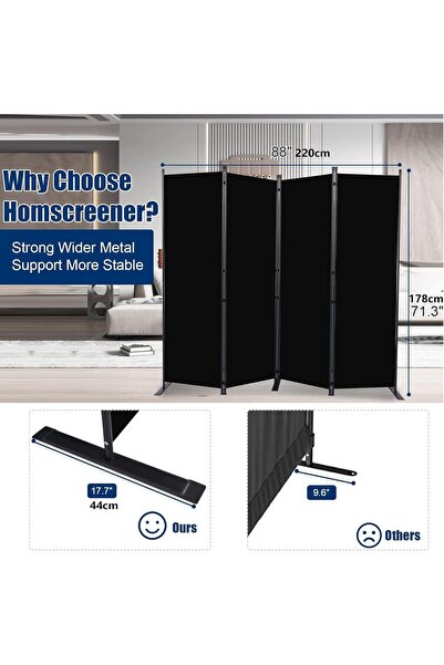 NASAQ 4-Panel Room Divider, Folding Partition with Stable Base, Double Room D...