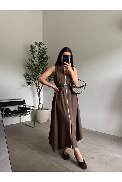 Bade Butik Coffee-colored sleeveless zip-up dress - Belt piece
