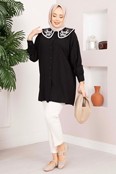 EBRUTESETTÜR Collar Embroidered Hijab Tunic Black