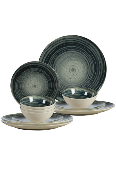 Cesiro Set of 12 Plates for 4 Persons, Graffiti, Ivory with Dark Gray Circle ...