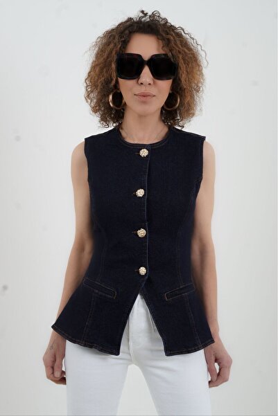 Zelish My Sister Ναυτικό μπλε τζιν γιλέκο με κουμπιά που εφαρμόζει στη μέση