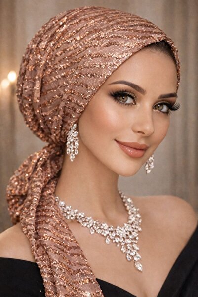 Aişe tesettür Χάλκινο Φουλάρι για Βραδινό Φόρεμα Με γκλίτερ