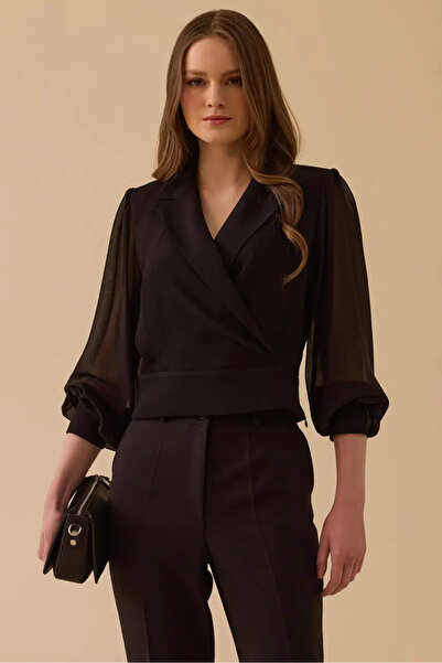 SEÇİL Bluză de damă cu transparent mâneci cu două rânduri de nasturi - Negru