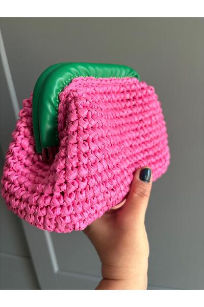 UNİCORNS Hasır Çanta, Hasır El Çantası, Pembe Hasır Clutch, Burslu Çanta