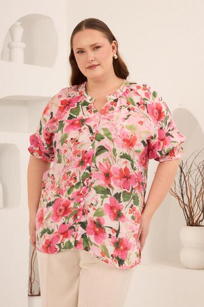 RMG imprimeu floral Cămașă cu mâneci cu încrețituri mărimi mari, fucsia