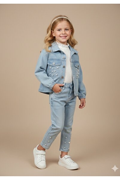 RİNDO KİDS Girl's Pocketed Pearl Detailed Shimmering Denim D Denim Set