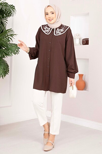 EBRUTESETTÜR Collar Embroidered Hijab Tunic Brown
