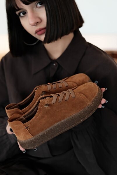 MY DERİ Elsiy Women's Genuine Leather Suede Rubber Laced Casual Shoes 4353