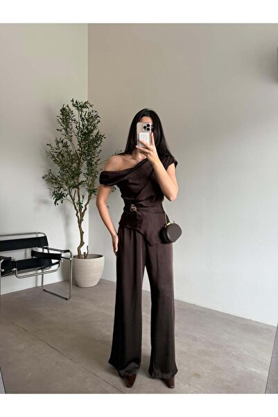 Bade Butik Kahve Toka Detaylı Beli Lastikli Saten Takım