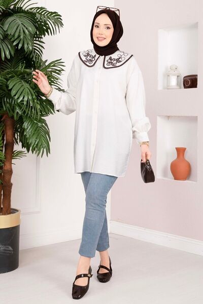 EBRUTESETTÜR Collar Embroidered Hijab Tunic Ecru