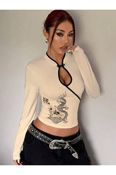 DREICH STREETWEAR ART Ecru Mandarin Collar Dragon Motif Vintage Qipao Y2K Lon...