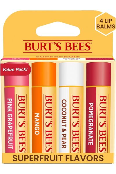 Burt's Bees مرطب شفاه طبيعي 100%، عبوة من 4 قطع - جريب فروت وردي، مانجو، جوز ...