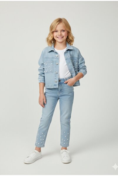 RİNDO KİDS Girl's Pocketed Pearl Detailed Shimmering Denim D Denim Set