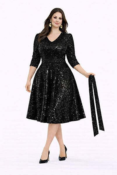 RURIS Kadın Siyah Kadife Pul Payetli Truvakar Kol V Yaka Kuşaklı Kloş Midi Bo...