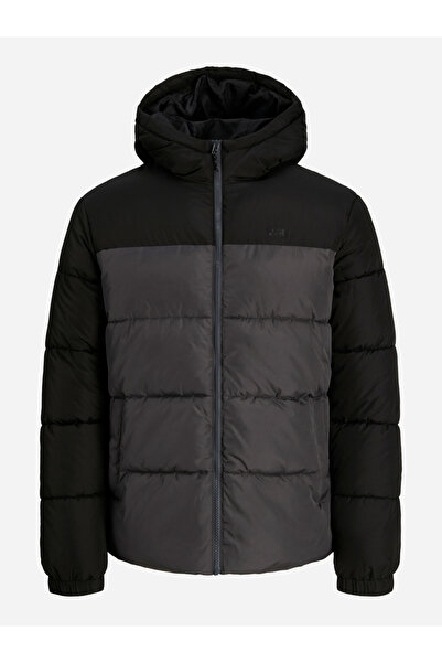 Jack & Jones Grey Solid Puffer Jacket with Hood