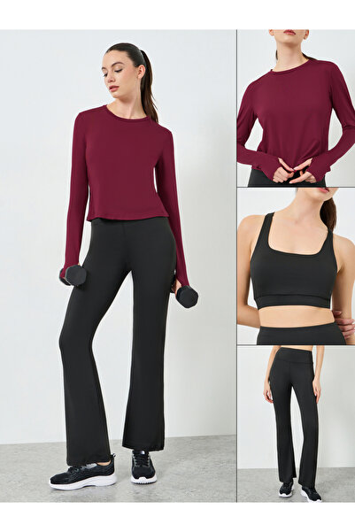 Styli Pack of 3 - Multi Cross Back Padded Sports Bra, Paneled Top and Flared ...