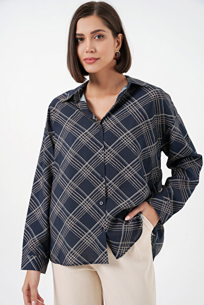 Bigdart Women's Oversized Patterned Shirt 20372 - Navy Blue