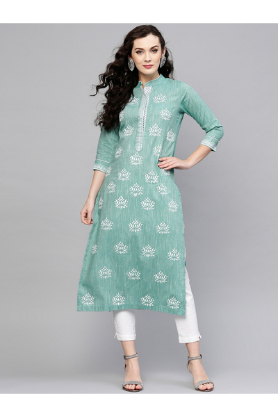 Pannkh By Styli Green Lotus Printed Chambray Kurta