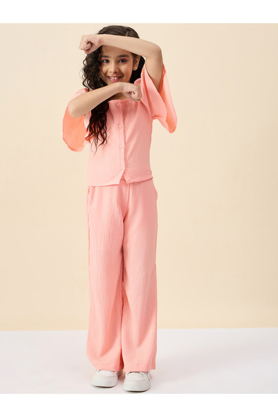 Stylo Bug By Styli Girls Peach Solid Buttoned Top and Pants Set