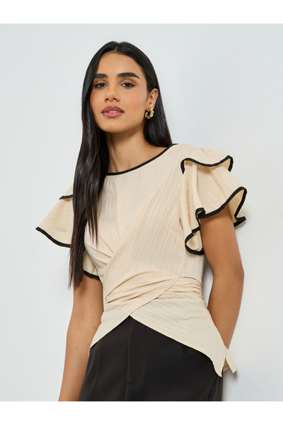 Take Two By Styli Beige Wrap Top with Ruffle Sleeves