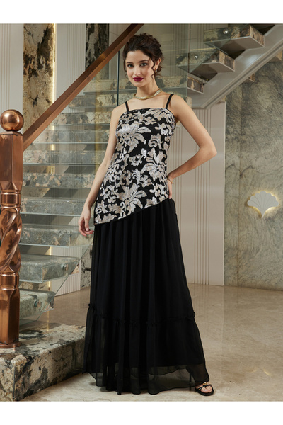 Athena By Styli Black Embellished Top and Maxi Skirt Co-Ords